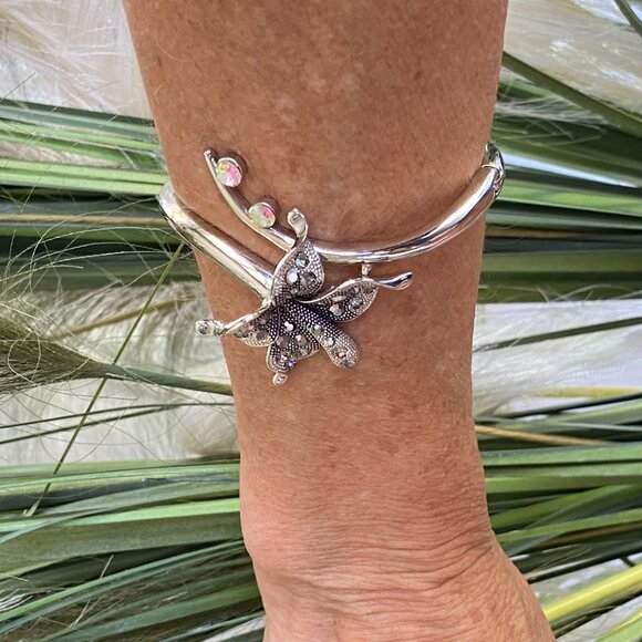 Butterfly Rhinestone Silver Cuff Bracelet - Picture 5 of 9